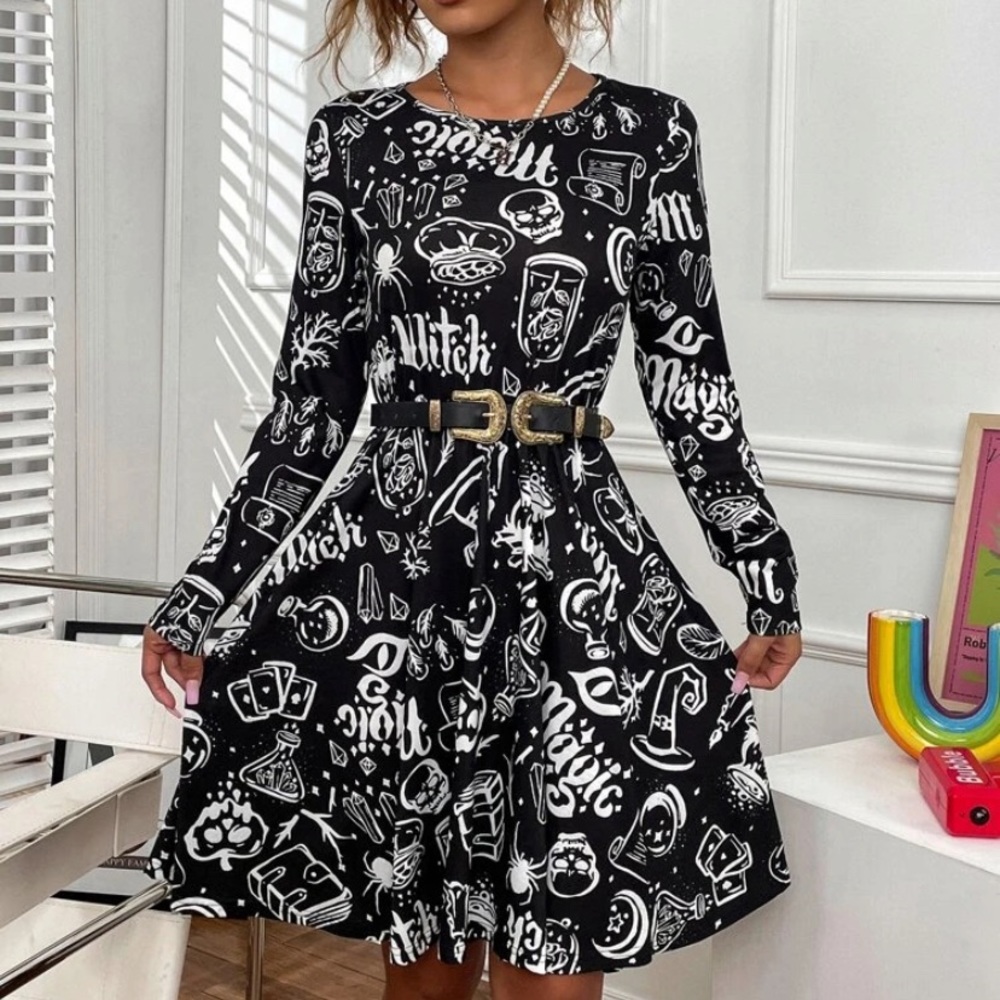 Halloween Print A-line Black and White Dress Small